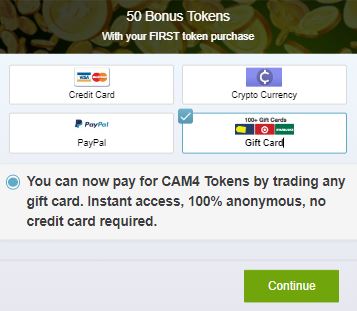Chose gift card payment method on Cam4